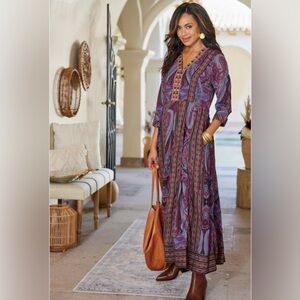 NEW Soft Surroundings Mira Dress in Purple Paisley; Hand Embroidered
